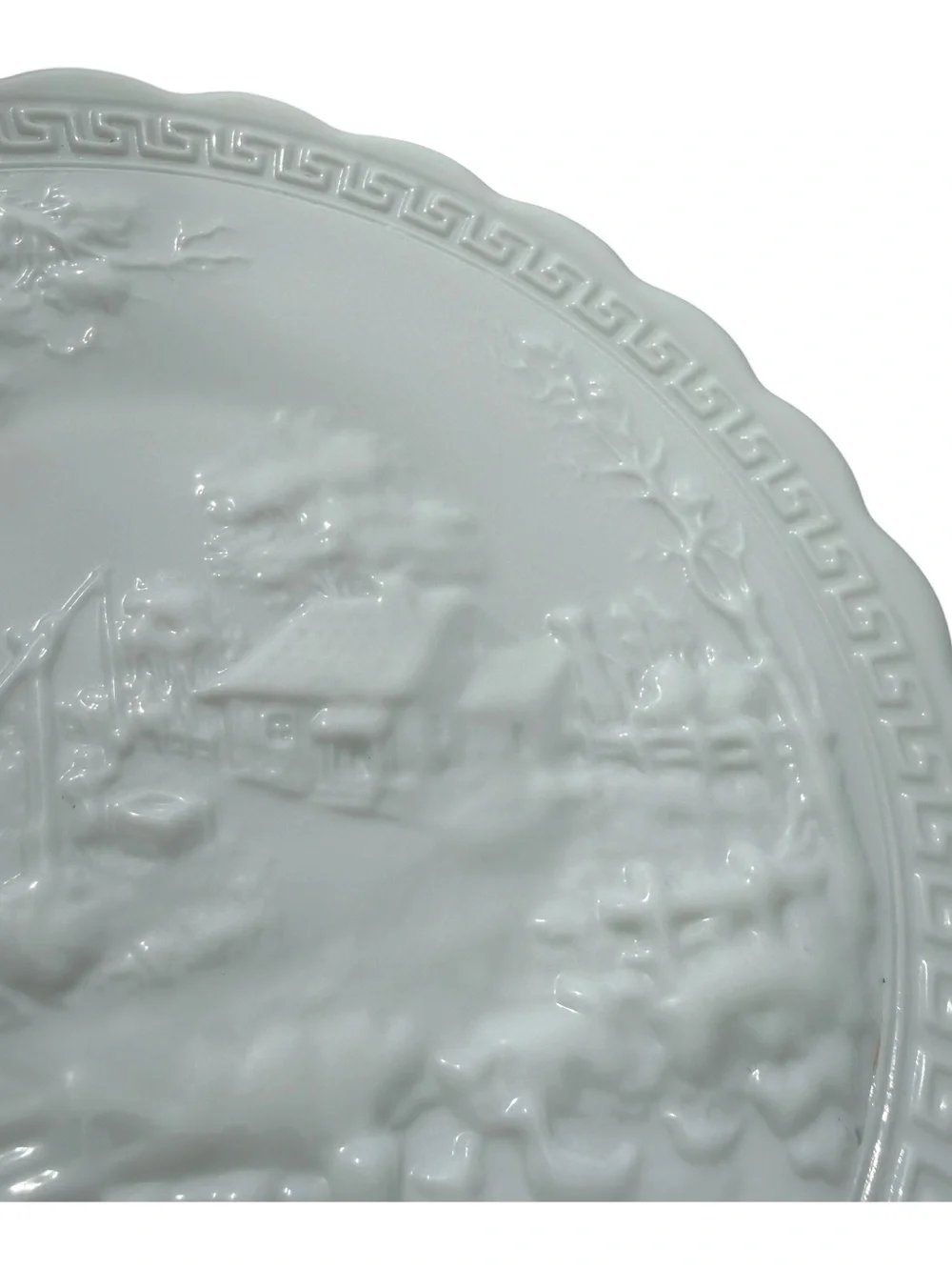 Vintage Milk Glass Scenic Cottage Relief Serving Platter Greek Key Oval Plate